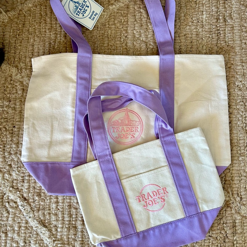 New Trader Joe's 2 Lavender Canvas Tote Bags